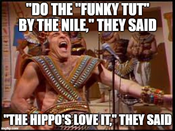 King Tut | "DO THE "FUNKY TUT" BY THE NILE," THEY SAID; "THE HIPPO'S LOVE IT," THEY SAID | image tagged in king tut | made w/ Imgflip meme maker