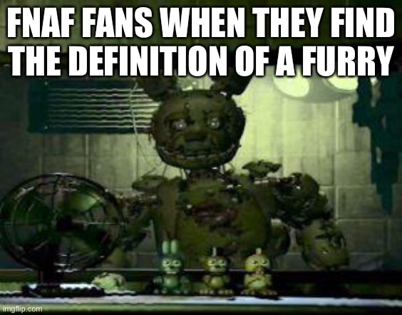 Made this cuz bored | FNAF FANS WHEN THEY FIND THE DEFINITION OF A FURRY | image tagged in fnaf springtrap in window | made w/ Imgflip meme maker