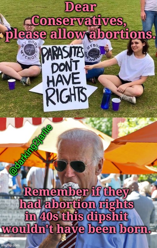 Go Pro FJ! #AbortionRights |  Dear Conservatives, 
please allow abortions. @darking2jarlie; Remember if they had abortion rights in 40s this dipshit wouldn't have been born. | image tagged in parasites have no rights,america,abortion,joe biden,biden,conservatives | made w/ Imgflip meme maker
