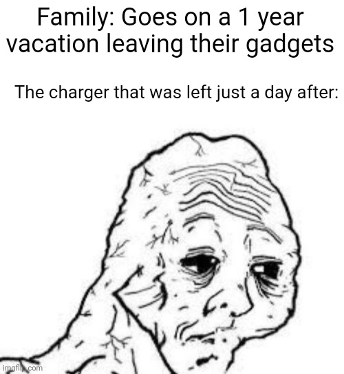 That really happens during anytime | Family: Goes on a 1 year vacation leaving their gadgets; The charger that was left just a day after: | image tagged in tired wojak | made w/ Imgflip meme maker