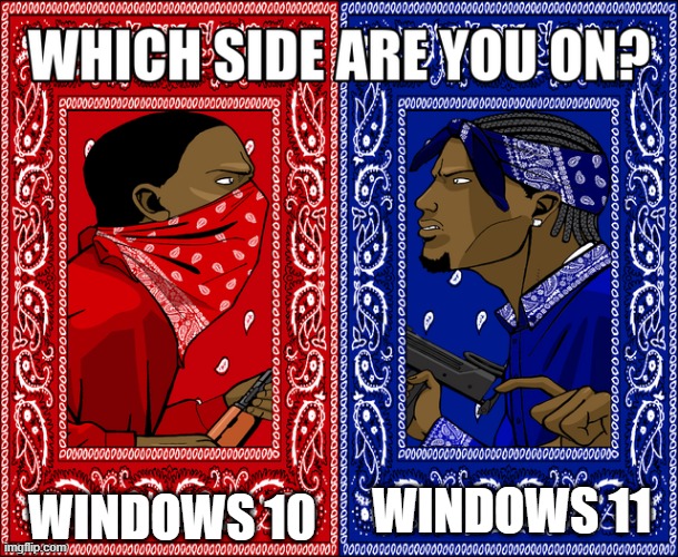 What are you doing in a PC? | WINDOWS 10; WINDOWS 11 | image tagged in which side are you on,memes | made w/ Imgflip meme maker