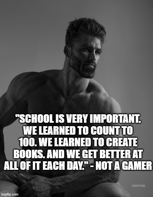 Giga Chad | "SCHOOL IS VERY IMPORTANT. WE LEARNED TO COUNT TO 100. WE LEARNED TO CREATE BOOKS. AND WE GET BETTER AT ALL OF IT EACH DAY." - NOT A GAMER | image tagged in giga chad,school,is,important | made w/ Imgflip meme maker
