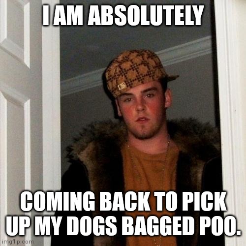Scumbag Steve Meme | I AM ABSOLUTELY; COMING BACK TO PICK UP MY DOGS BAGGED POO. | image tagged in memes,scumbag steve | made w/ Imgflip meme maker