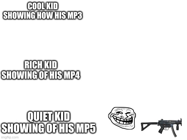 The Cool, The Rich and The Quiet |  COOL KID SHOWING HOW HIS MP3; RICH KID SHOWING OF HIS MP4; QUIET KID SHOWING OF HIS MP5 | image tagged in bruh,run,quiet kid,lol | made w/ Imgflip meme maker
