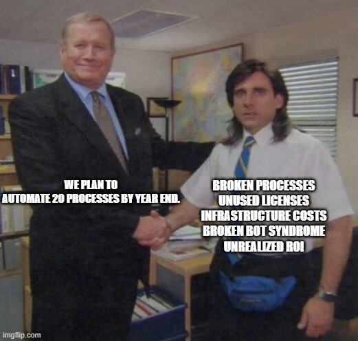 RPA -Digital leaf solutions Meme | WE PLAN TO AUTOMATE 20 PROCESSES BY YEAR END. BROKEN PROCESSES
UNUSED LICENSES
INFRASTRUCTURE COSTS
BROKEN BOT SYNDROME
UNREALIZED ROI | image tagged in the office congratulations | made w/ Imgflip meme maker