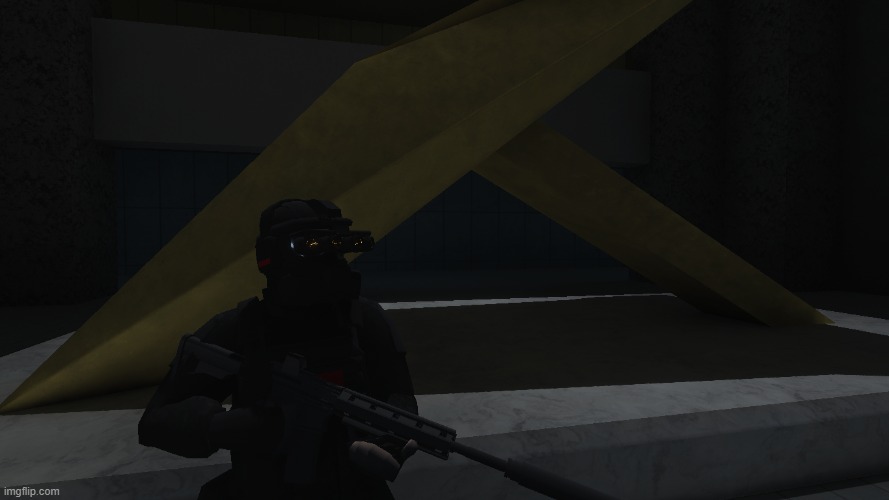 an screenshot of an razor operative posing in front of [redacted] at [redacted] within [redacted] | made w/ Imgflip meme maker