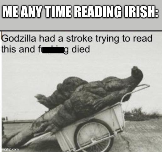 Any time and every time | ME ANY TIME READING IRISH: | image tagged in godzilla | made w/ Imgflip meme maker