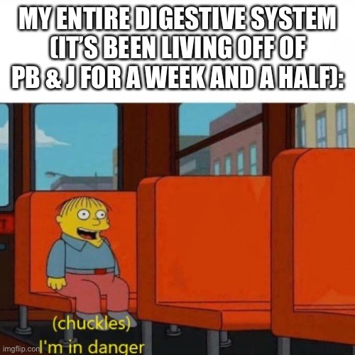 Chuckles, I’m in danger | MY ENTIRE DIGESTIVE SYSTEM (IT’S BEEN LIVING OFF OF PB & J FOR A WEEK AND A HALF): | image tagged in chuckles i m in danger | made w/ Imgflip meme maker