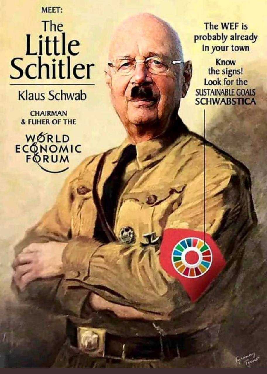 Little Schitler: Klaus Schwab | image tagged in klaus schwab,schwabstika,wef,world economic forum,self appointed ruler of the world,dr evil | made w/ Imgflip meme maker