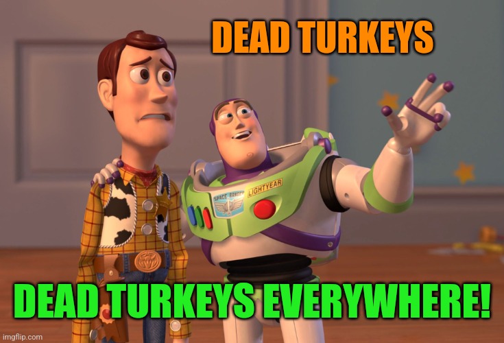 Happy Turkey Day! | DEAD TURKEYS; DEAD TURKEYS EVERYWHERE! | image tagged in memes,x x everywhere,happy thanksgiving | made w/ Imgflip meme maker