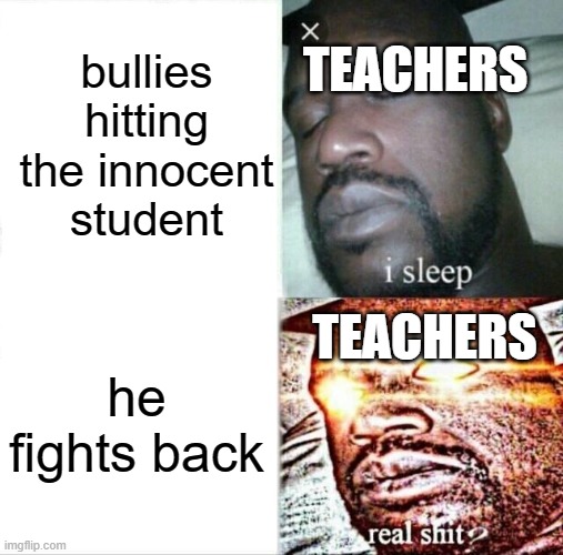 true | bullies hitting the innocent student; TEACHERS; TEACHERS; he fights back | image tagged in memes,sleeping shaq | made w/ Imgflip meme maker