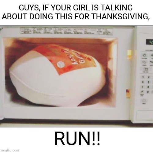 Please, don't. | GUYS, IF YOUR GIRL IS TALKING ABOUT DOING THIS FOR THANKSGIVING, RUN!! | image tagged in microwave,turkey,thanksgiving,happy thanksgiving | made w/ Imgflip meme maker