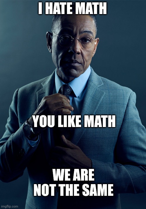 Math be like | I HATE MATH; YOU LIKE MATH; WE ARE NOT THE SAME | image tagged in gus fring we are not the same | made w/ Imgflip meme maker