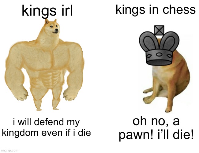 oh no, i will die because of a pawn! plz help!!1! | kings irl; kings in chess; i will defend my kingdom even if i die; oh no, a pawn! i’ll die! | image tagged in memes,buff doge vs cheems | made w/ Imgflip meme maker