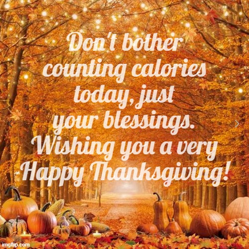 Thanksgiving Friends | Don't bother counting calories today, just your blessings. Wishing you a very Happy Thanksgiving! | image tagged in thanksgiving | made w/ Imgflip meme maker