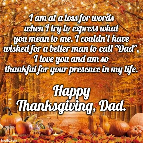 Thanksgiving Dad | I am at a loss for words when I try to express what you mean to me. I couldn’t have wished for a better man to call "Dad".
I love you and am so thankful for your presence in my life. Happy Thanksgiving, Dad. | image tagged in thanksgiving | made w/ Imgflip meme maker