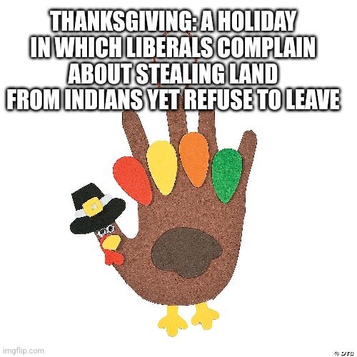 THANKSGIVING: A HOLIDAY IN WHICH LIBERALS COMPLAIN ABOUT STEALING LAND FROM INDIANS YET REFUSE TO LEAVE | image tagged in funny memes | made w/ Imgflip meme maker