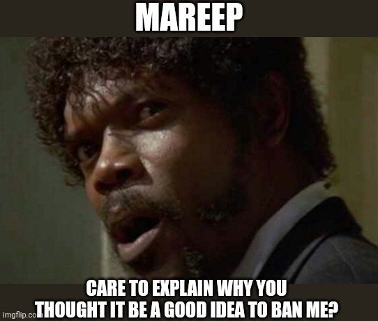 |:\ | MAREEP; CARE TO EXPLAIN WHY YOU THOUGHT IT BE A GOOD IDEA TO BAN ME? | image tagged in memes,samuel jackson glance | made w/ Imgflip meme maker