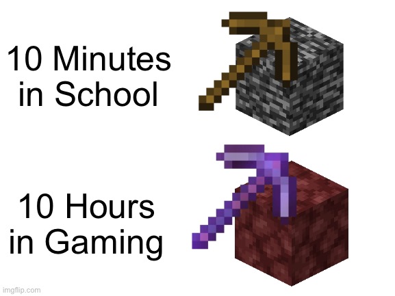 We all Relate this | 10 Minutes in School; 10 Hours in Gaming | image tagged in blank white template,memes,minecraft,relatable,time,funny | made w/ Imgflip meme maker