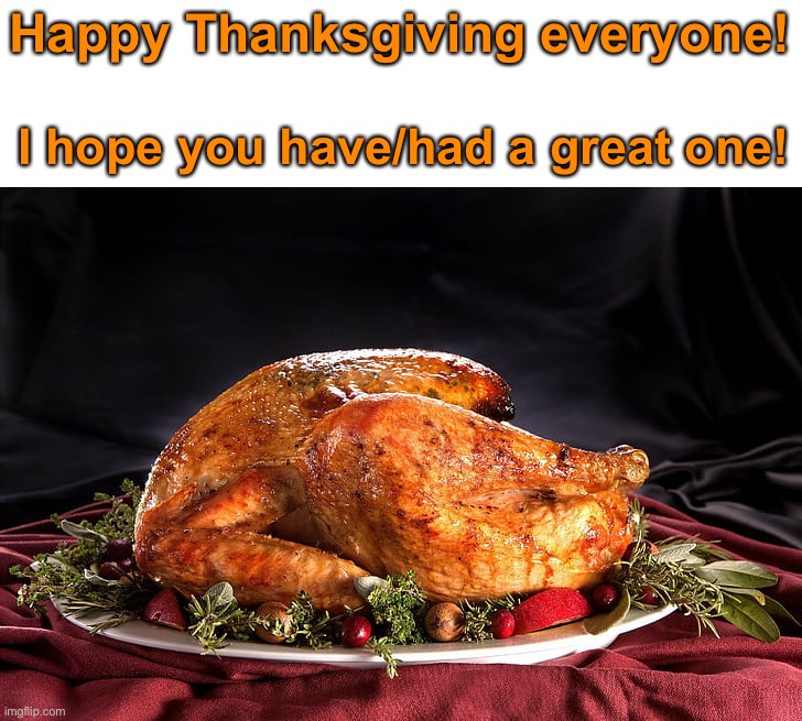 Happy Thanksgiving everyone! | Happy Thanksgiving everyone! I hope you have/had a great one! | image tagged in memes,funny,happy thanksgiving,thanksgiving,imgflip,turkey | made w/ Imgflip meme maker