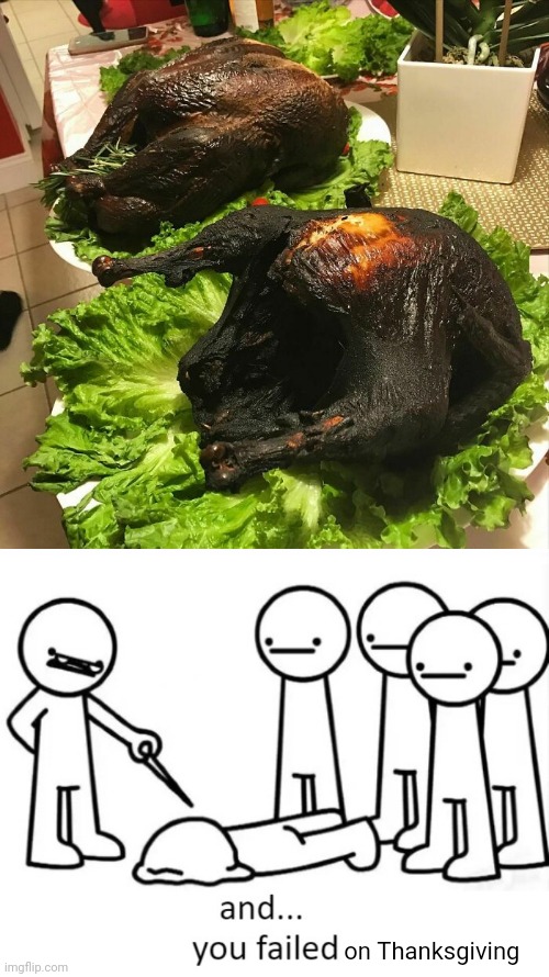 Failed turkeys | on Thanksgiving | image tagged in and you failed,burnt,turkey,you had one job,memes,turkeys | made w/ Imgflip meme maker
