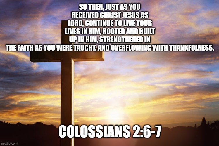 Bible Verse of the Day | SO THEN, JUST AS YOU RECEIVED CHRIST JESUS AS LORD, CONTINUE TO LIVE YOUR LIVES IN HIM, ROOTED AND BUILT UP IN HIM, STRENGTHENED IN THE FAITH AS YOU WERE TAUGHT, AND OVERFLOWING WITH THANKFULNESS. COLOSSIANS 2:6-7 | image tagged in bible verse of the day | made w/ Imgflip meme maker