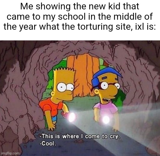 Ixl can really be torture and cuts down your progress for getting ONE question wrong | Me showing the new kid that came to my school in the middle of the year what the torturing site, ixl is: | image tagged in where i come to cry,ixl,memes,torture | made w/ Imgflip meme maker