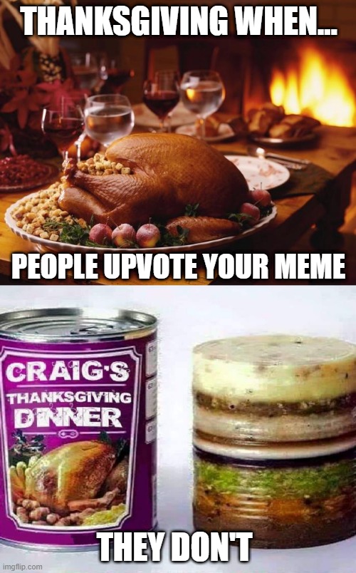 I'm Thankful for Memes | THANKSGIVING WHEN... PEOPLE UPVOTE YOUR MEME; THEY DON'T | image tagged in thanksgiving when | made w/ Imgflip meme maker