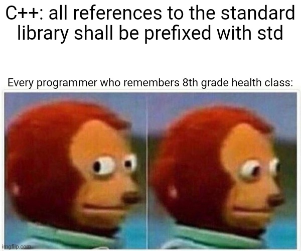 Not to mention Big O Notation and Dangling Pointers |  C++: all references to the standard library shall be prefixed with std; Every programmer who remembers 8th grade health class: | image tagged in memes,monkey puppet,programming,innuendo,dirty mind,first world problems | made w/ Imgflip meme maker