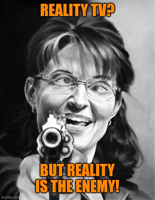 sarah palin might shoot you | REALITY TV? BUT REALITY IS THE ENEMY! | image tagged in sarah palin might shoot you | made w/ Imgflip meme maker