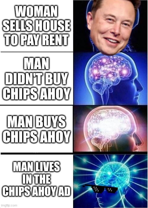 Expanding Brain | WOMAN SELLS HOUSE TO PAY RENT; MAN DIDN'T BUY CHIPS AHOY; MAN BUYS CHIPS AHOY; MAN LIVES IN THE CHIPS AHOY AD | image tagged in memes,expanding brain | made w/ Imgflip meme maker