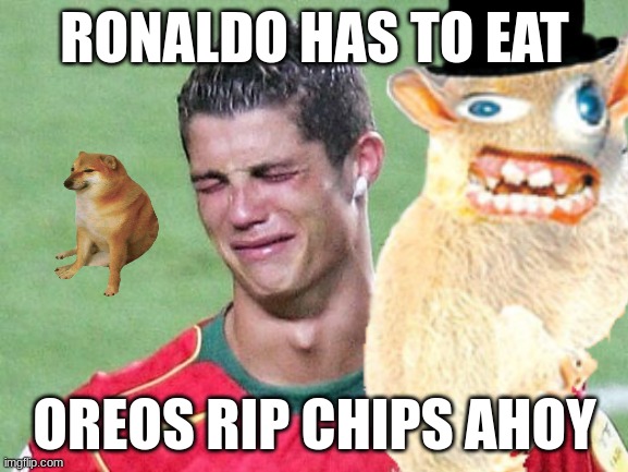RONALDO HAS TO EAT; OREOS RIP CHIPS AHOY | image tagged in football,cristiano ronaldo,monkey puppet,sad dog,chips ahoy,sports | made w/ Imgflip meme maker