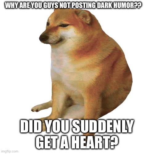 I only have the hearts in my basement (Owner note: Damn. Now I'm hungry) | WHY ARE YOU GUYS NOT POSTING DARK HUMOR?? DID YOU SUDDENLY GET A HEART? | image tagged in cheems,dark humor | made w/ Imgflip meme maker