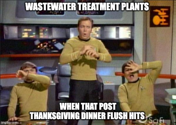 Star Trek Gasp |  WASTEWATER TREATMENT PLANTS; WHEN THAT POST THANKSGIVING DINNER FLUSH HITS | image tagged in star trek gasp | made w/ Imgflip meme maker