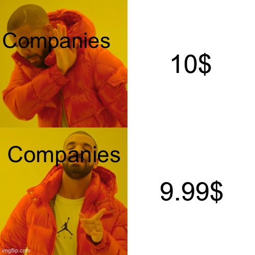 D O L L A R Z | 10$; Companies; 9.99$; Companies | image tagged in memes,drake hotline bling,money,company,funny | made w/ Imgflip meme maker