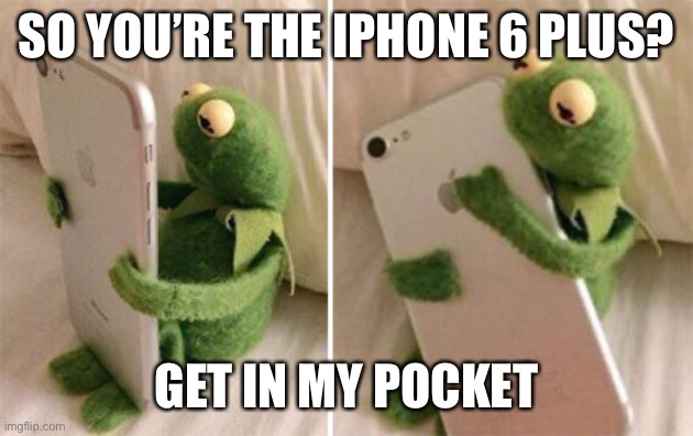 Kermit Hugging Phone | SO YOU’RE THE IPHONE 6 PLUS? GET IN MY POCKET | image tagged in kermit hugging phone | made w/ Imgflip meme maker