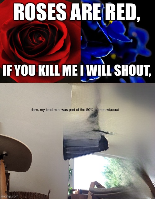 It wasn’t working well anyways I guess | ROSES ARE RED, IF YOU KILL ME I WILL SHOUT, | image tagged in roses are red,my old ipad lags,oh wow are you actually reading these tags | made w/ Imgflip meme maker