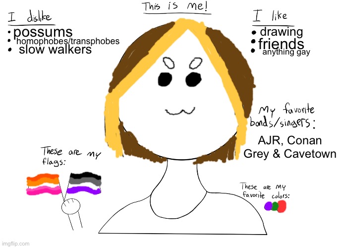 guys i made a template thingy | possums; drawing; homophobes/transphobes; friends; slow walkers; anything gay; AJR, Conan Grey & Cavetown | image tagged in this is me | made w/ Imgflip meme maker