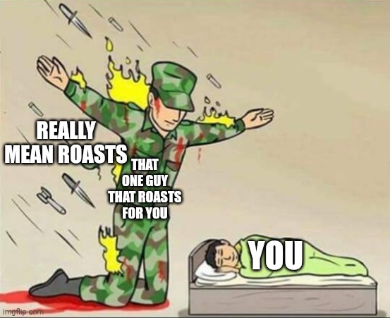 Saved by words | REALLY MEAN ROASTS; THAT ONE GUY THAT ROASTS FOR YOU; YOU | image tagged in soldier protecting sleeping child | made w/ Imgflip meme maker