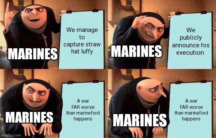 Gru's Plan Meme | We manage to capture straw hat luffy; We publicly announce his execution; MARINES; MARINES; A war FAR worse than marineford happens; A war FAR worse than marineford happens; MARINES; MARINES | image tagged in memes,gru's plan | made w/ Imgflip meme maker