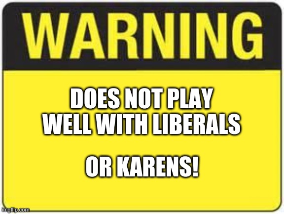 blank warning sign | DOES NOT PLAY WELL WITH LIBERALS; OR KARENS! | image tagged in blank warning sign,screaming liberal | made w/ Imgflip meme maker