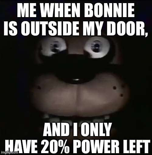 freddy | ME WHEN BONNIE IS OUTSIDE MY DOOR, AND I ONLY HAVE 20% POWER LEFT | image tagged in freddy | made w/ Imgflip meme maker
