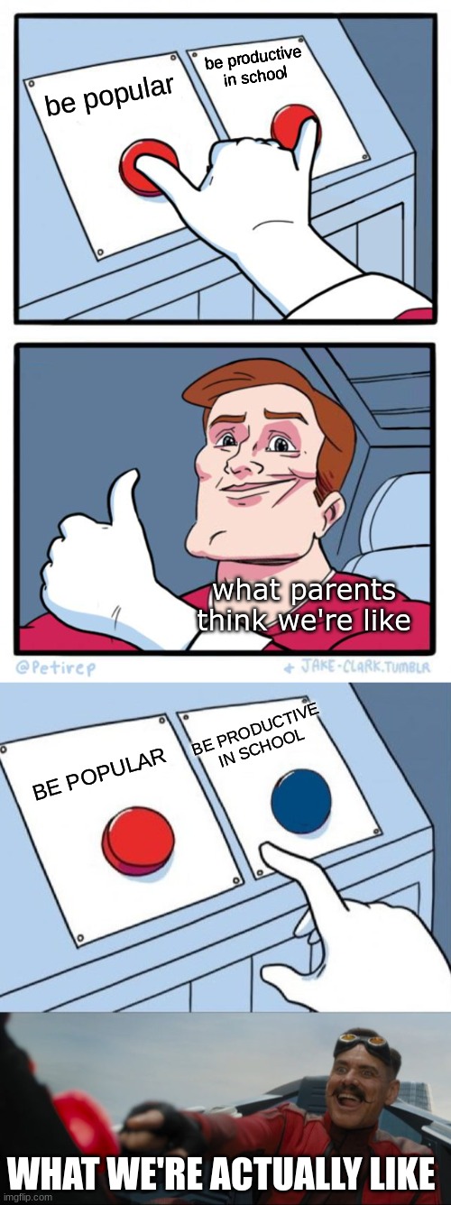 be productive in school; be popular; what parents think we're like; BE PRODUCTIVE IN SCHOOL; BE POPULAR; WHAT WE'RE ACTUALLY LIKE | image tagged in both buttons pressed,robotnik button | made w/ Imgflip meme maker