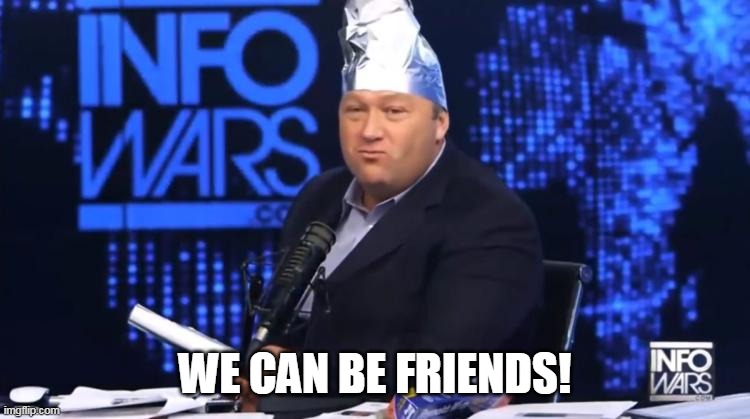 WE CAN BE FRIENDS! | image tagged in alex jones tinfoil hat | made w/ Imgflip meme maker