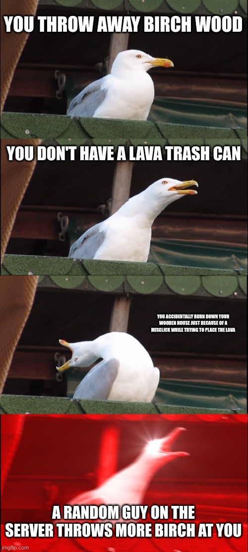 Minecraft players be like: | YOU THROW AWAY BIRCH WOOD; YOU DON'T HAVE A LAVA TRASH CAN; YOU ACCIDENTALLY BURN DOWN YOUR WOODEN HOUSE JUST BECAUSE OF A MISCLICK WHILE TRYING TO PLACE THE LAVA; A RANDOM GUY ON THE SERVER THROWS MORE BIRCH AT YOU | image tagged in memes,inhaling seagull | made w/ Imgflip meme maker