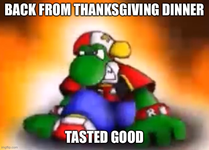 I ate 2 weebs for dinner | BACK FROM THANKSGIVING DINNER; TASTED GOOD | image tagged in gangster yoshi | made w/ Imgflip meme maker