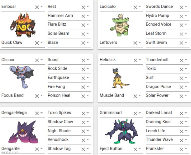 random team i made for fun. also happy turkey day | image tagged in pokemon,team,barney will eat all of your delectable biscuits | made w/ Imgflip meme maker