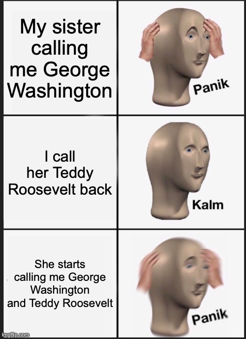 IDK if you guys relateto this but this is a true story | My sister calling me George Washington; I call her Teddy Roosevelt back; She starts calling me George Washington and Teddy Roosevelt | image tagged in memes,panik kalm panik | made w/ Imgflip meme maker