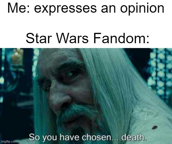 So you have chosen death | Me: expresses an opinion; Star Wars Fandom: | image tagged in so you have chosen death | made w/ Imgflip meme maker