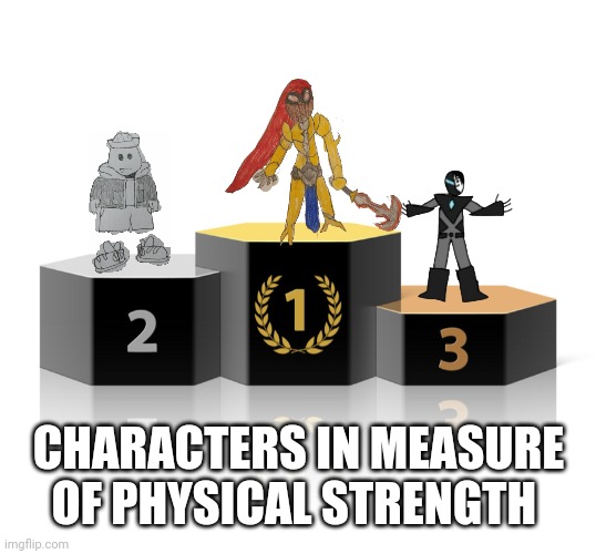 Eggyhead is faster and slightly stronger than the Collecter, so if they were in a boxing match, no powers, Eggyhead would win. | CHARACTERS IN MEASURE OF PHYSICAL STRENGTH | image tagged in podium | made w/ Imgflip meme maker